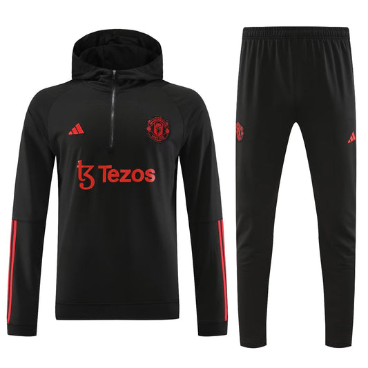 Manchester United Long Sleeve Hooded Tracksuit Black/Cyan 2023-24