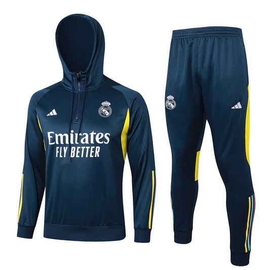 Real Madrid Long Hooded Zipped Tracksuit Navy/Yellow 2023-24