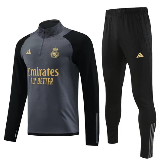 Real Madrid Long Sleeve Zipped Tracksuit Grey/Black 2023-24