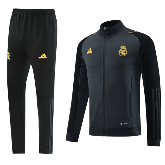 Real Madrid Long Sleeve Zipped Tracksuit Black/Gold 2023-24